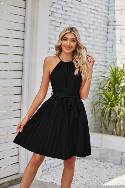 Halter Strapless Dresses for Women Solid Pleated Skirt Summer Beach Sundress