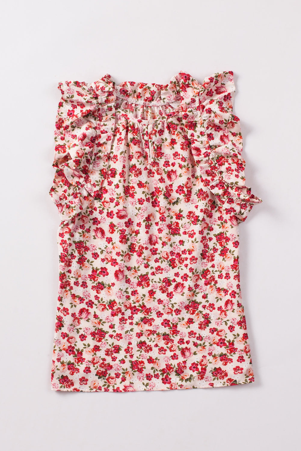 Fiery Red Floral Print Ruffled Mock Neck Sleeveless Top