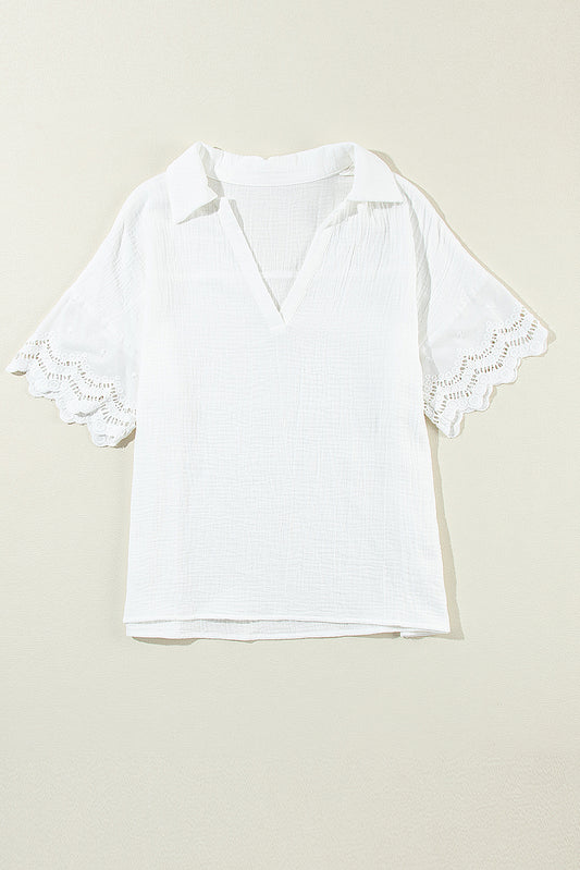 White Crinkled Lace Splicing Sleeve Collared V Neck Blouse