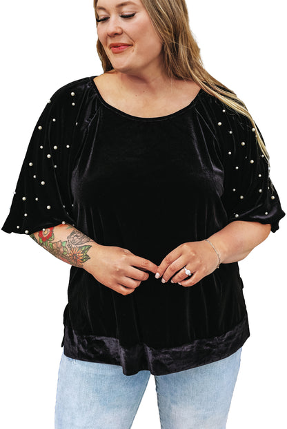 Black Pearl Embellished Puff Sleeve Velvet Plus Size Top