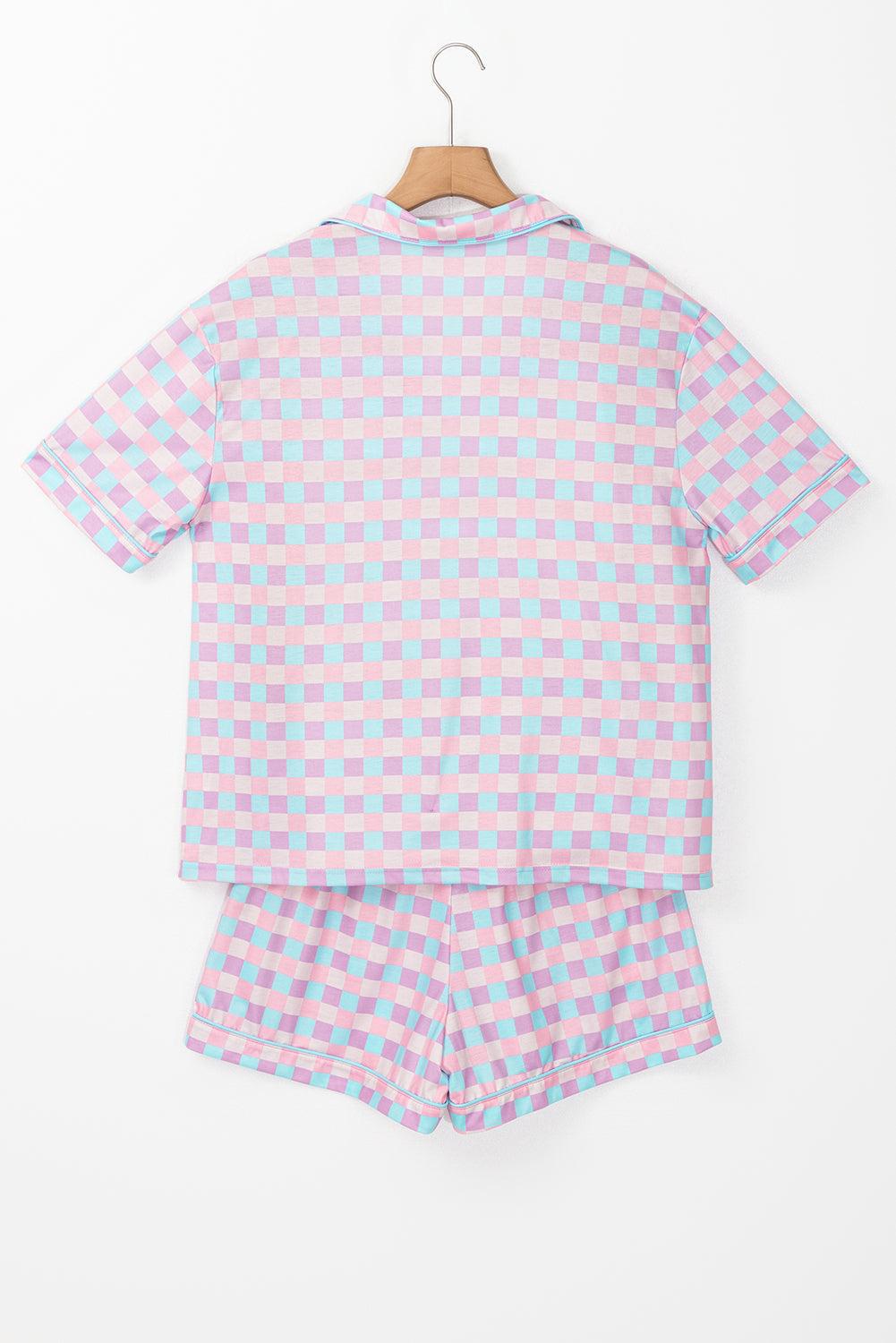 Purple Checkered Pattern Short Sleeve Pajamas Set