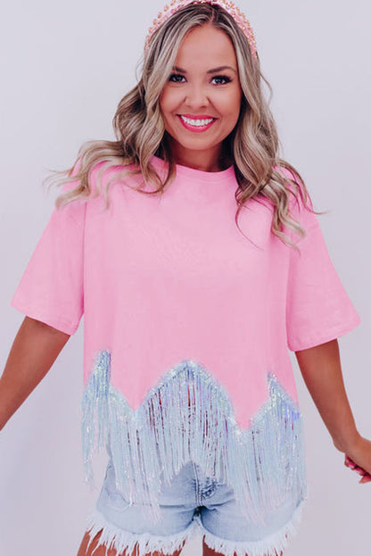 Pink Fringed Sequin Crop T-shirt