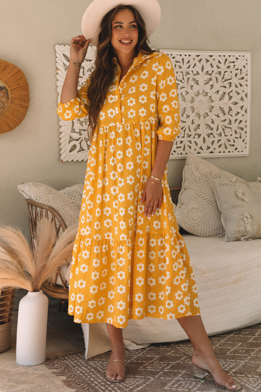 Yellow Flower Print Bracelet Sleeve Buttons Collared Maxi Dress