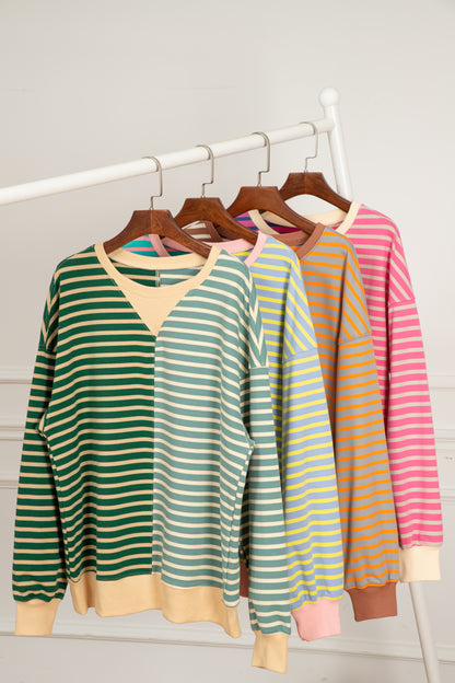 Pink Stripe Casual Stripe Colorblock Drop Shoulder Oversize Sweatshirt