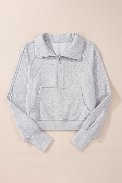 Light Grey Quarter Zip Stand Neck Kangaroo Pocket Sweatshirt