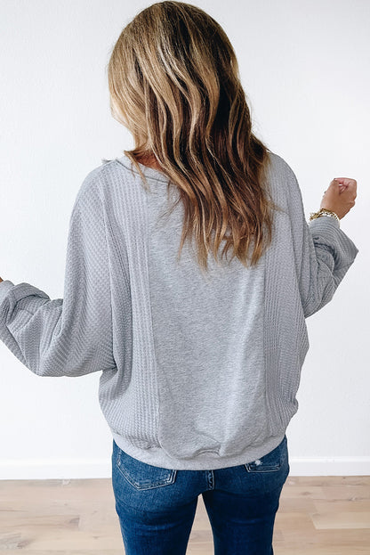 Light Grey Waffle Patchwork Long Sleeve Raw Hem Pullover Top