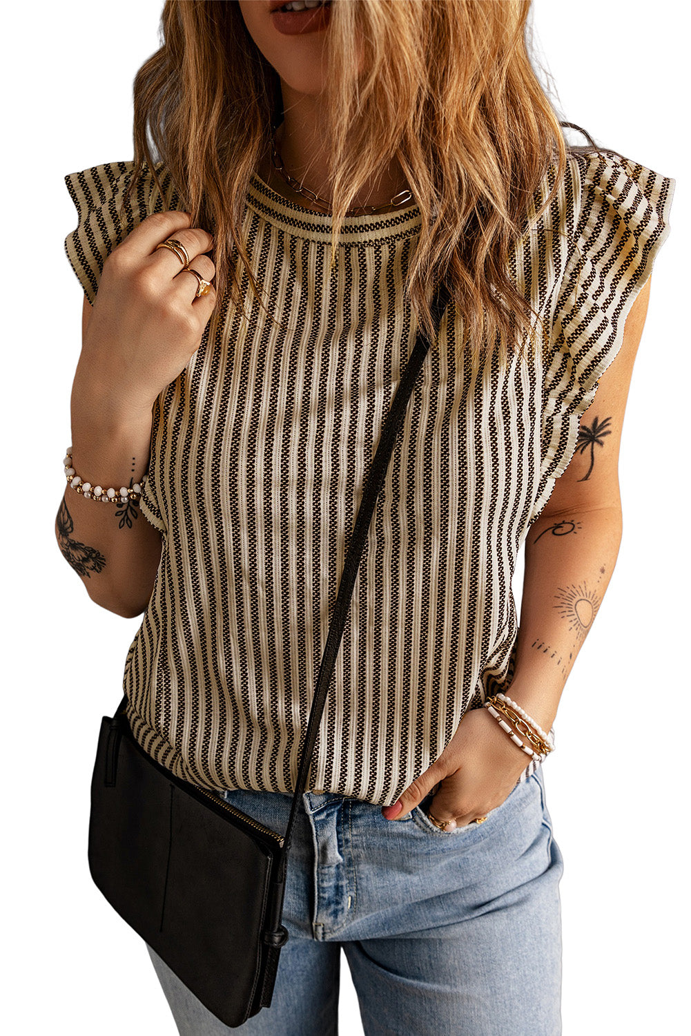 Khaki Striped Crew Neck Ruffled Tank Top