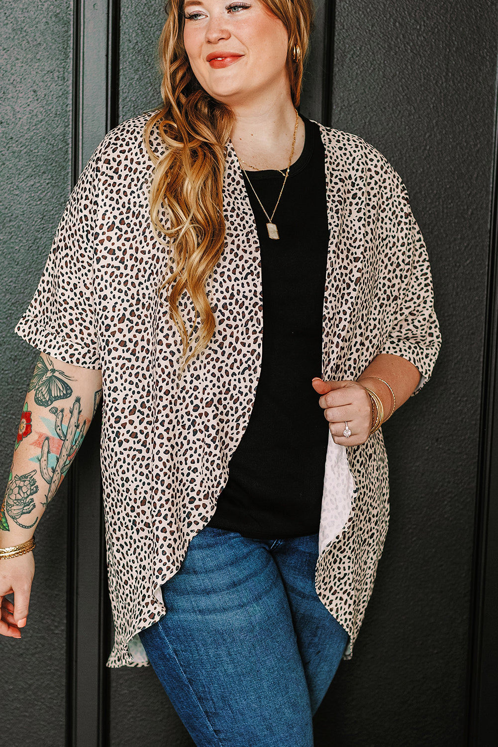 Khaki Plus Size Leopard Print Half Sleeve Open Front Cardigan