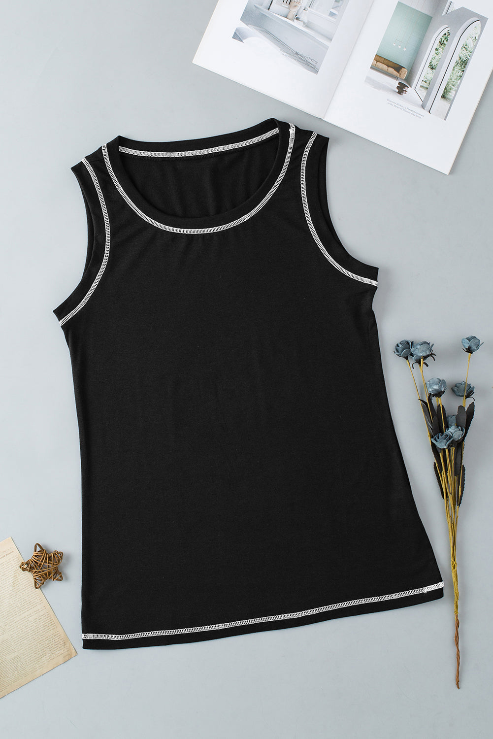 Black Contrast Stitch Round Neck Sleeveless Top