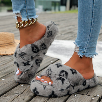 Fall Plus Size Fashionable And Comfortable Plush Suede Thick-soled Women's Slippers