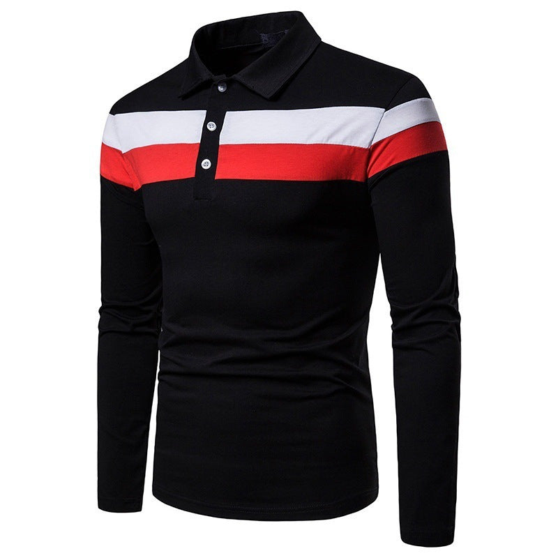 Stylish Tri-Color Stitching Lapel Men's Long Sleeve Shirt