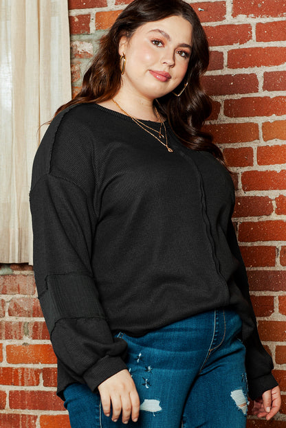 Black Plus Size Exposed Seam Crinkle Patchwork Top