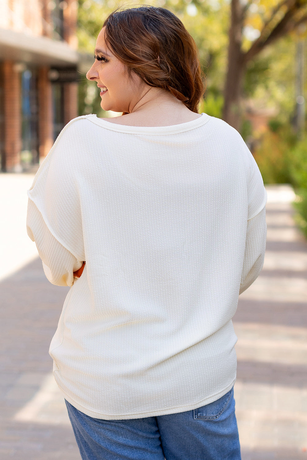 White Corded Exposed Seam Knit Patchwork Drop Sleeve Top