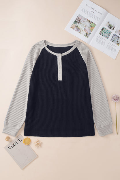 Black Color Contrast Waffle Knit Buttoned Plus Size Top