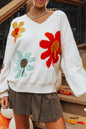 White Big Flower Pattern V Neck Drop Shoulder Sweater