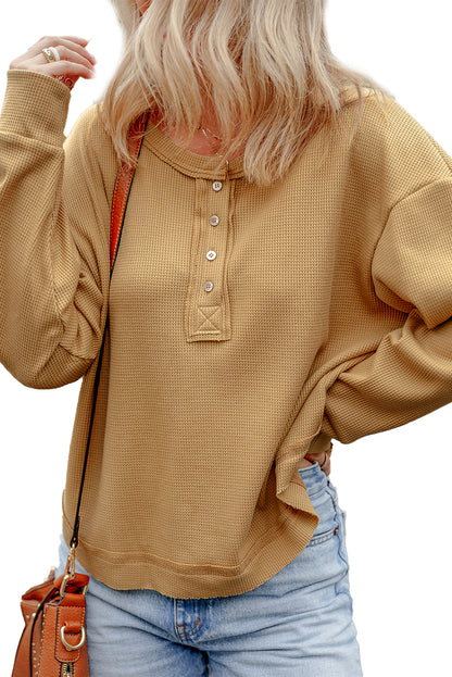 Camel Textured Knit Half Button Drop Shoulder Oversized Top