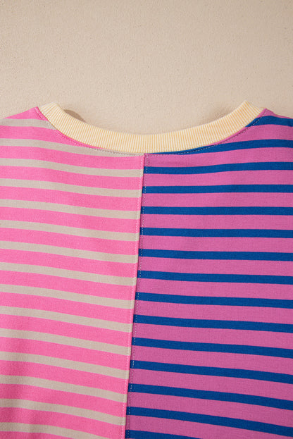 Pink Stripe Casual Stripe Colorblock Drop Shoulder Oversize Sweatshirt