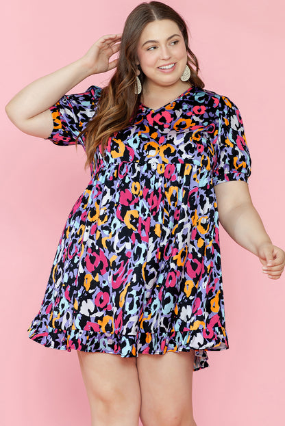 Purple Leopard Print Ruffled V Neck Plus Size Mini Dress