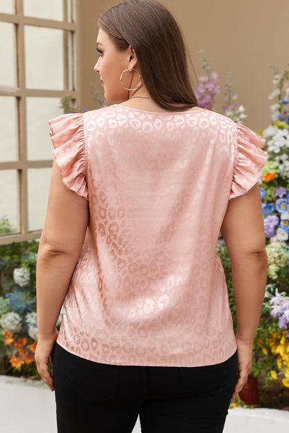 Pink Plus Size Leopard Print Ruffled Flutter Sleeve Satin Blouse