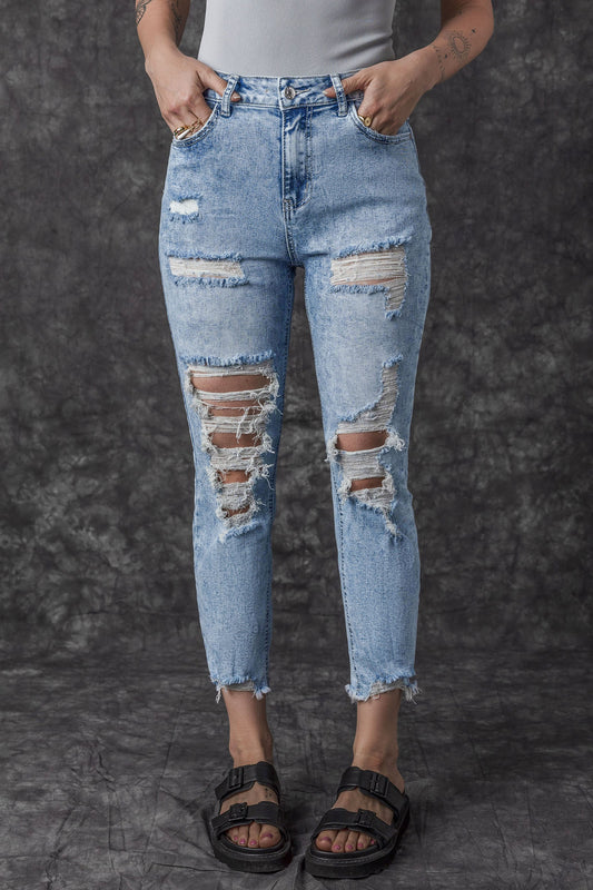 Sky Blue Acid Wash Distressed Slim Fit Jeans