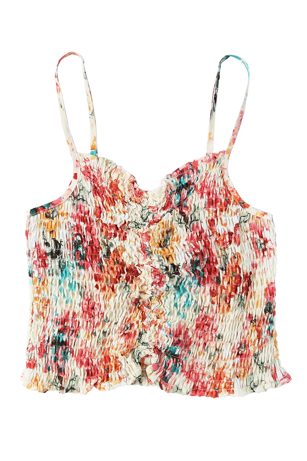 Apricot Floral Print Smocked Ruched Tank Top