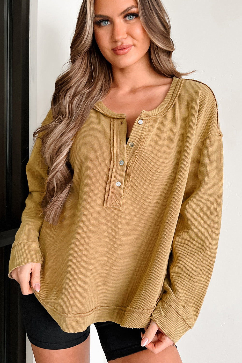 Camel Textured Knit Half Button Drop Shoulder Oversized Top