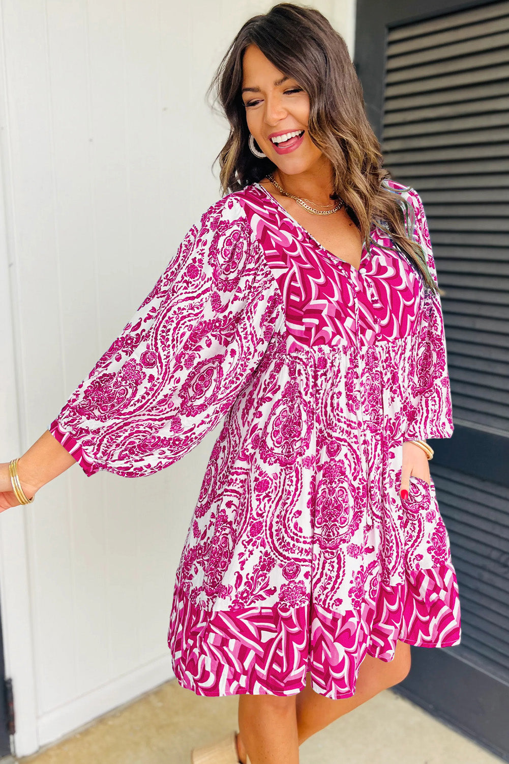 Rose Bohemian Print Puff Sleeve Tied V Neck Flared Mini Dress