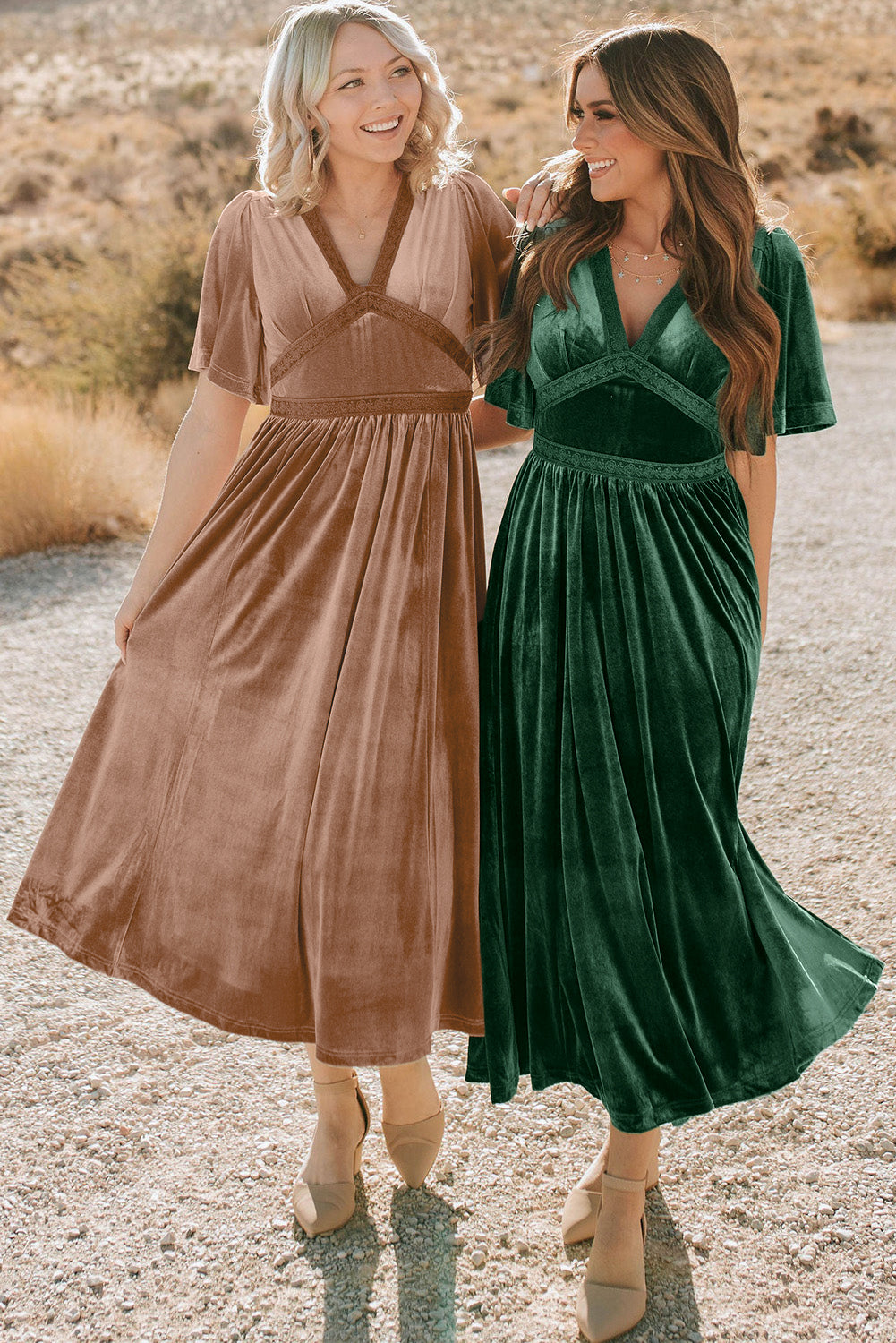 Chestnut Velvet Lacy V Neckline Short Sleeve Empire Waist Flowy Maxi Dress