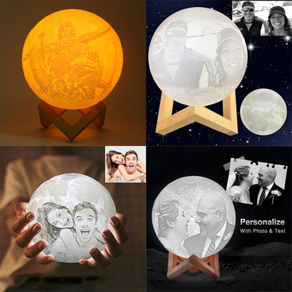 Customized Patted 3-color 3D Print Moon Lamp USB Charging Energy-saving LED Night Light with Wooden Holder Base