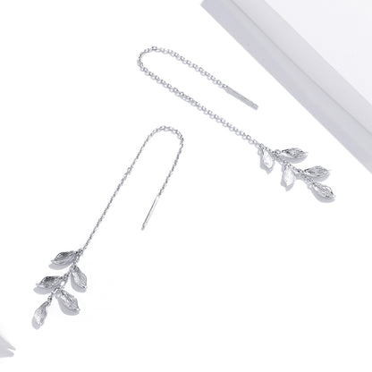 S925 Sterling Silver Simple Style Long Leaves Women Earrings, Long Leaves