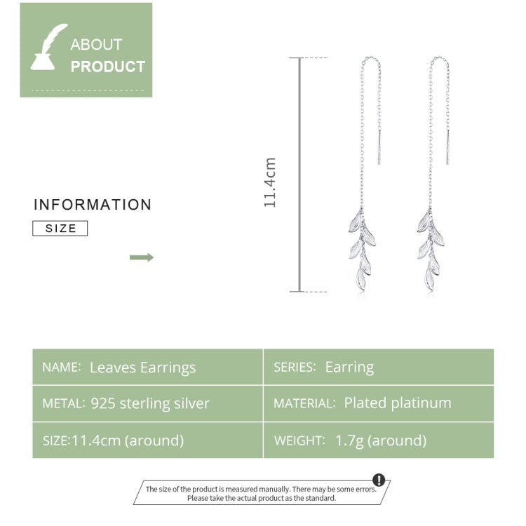 S925 Sterling Silver Simple Style Long Leaves Women Earrings, Long Leaves