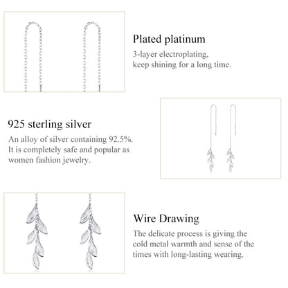 S925 Sterling Silver Simple Style Long Leaves Women Earrings, Long Leaves