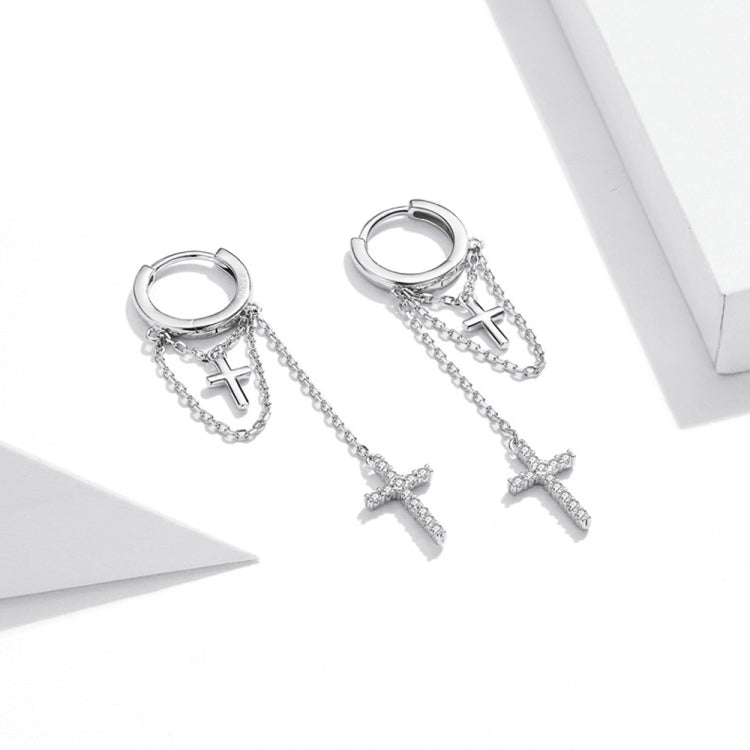 S925 Sterling Silver Long Tassel Shining Cross Women Earrings, Long Tassel Shining Cross