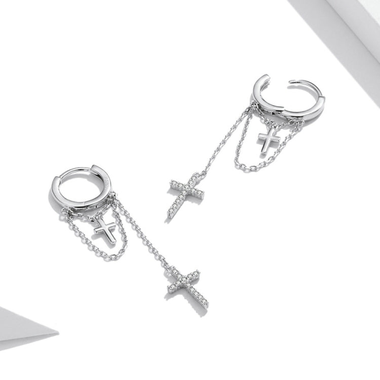 S925 Sterling Silver Long Tassel Shining Cross Women Earrings, Long Tassel Shining Cross