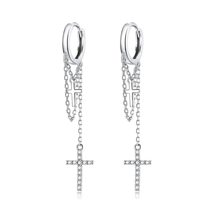 S925 Sterling Silver Long Tassel Shining Cross Women Earrings, Long Tassel Shining Cross