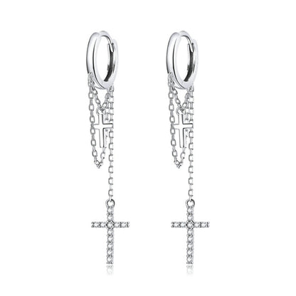 S925 Sterling Silver Long Tassel Shining Cross Women Earrings, Long Tassel Shining Cross