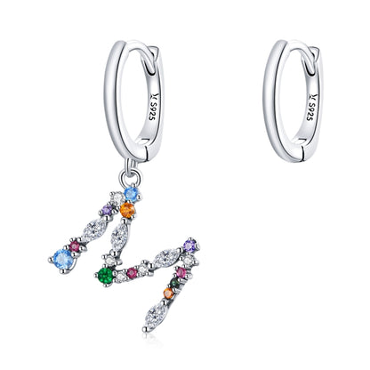 S925 Sterling Silver Colorful Zircon Letters M Asymmetry Women Earrings, Letters M