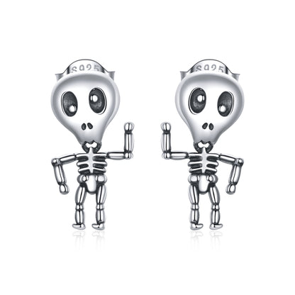 S925 Sterling Silver Cool Skeleton Man Ear Studs Women Earrings, Skeleton Man