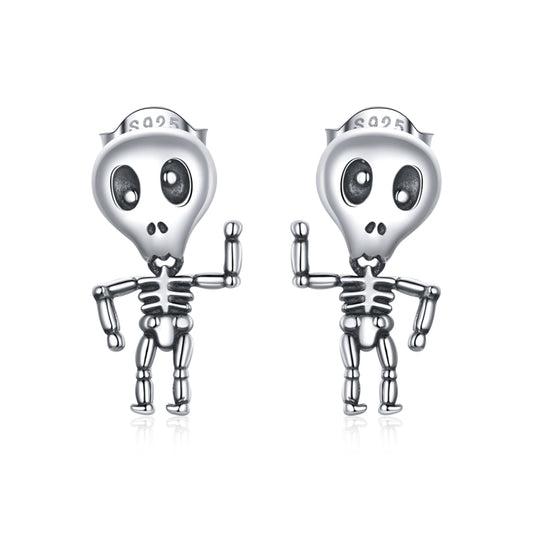 S925 Sterling Silver Cool Skeleton Man Ear Studs Women Earrings, Skeleton Man