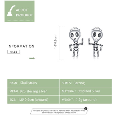 S925 Sterling Silver Cool Skeleton Man Ear Studs Women Earrings, Skeleton Man