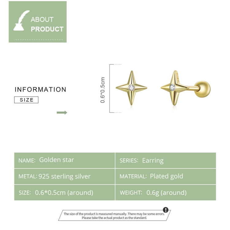 S925 Sterling Silver Golden Stars Ear Studs Women Earrings, Golden Stars