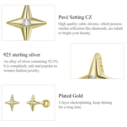 S925 Sterling Silver Golden Stars Ear Studs Women Earrings, Golden Stars