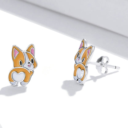 S925 Sterling Silver Cute Corgi Ear Studs Women Earrings, Cute Corgi