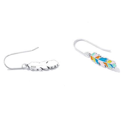 S925 Sterling Silver Colorful Feather Ear Hook Women Earrings, Colorful Feather