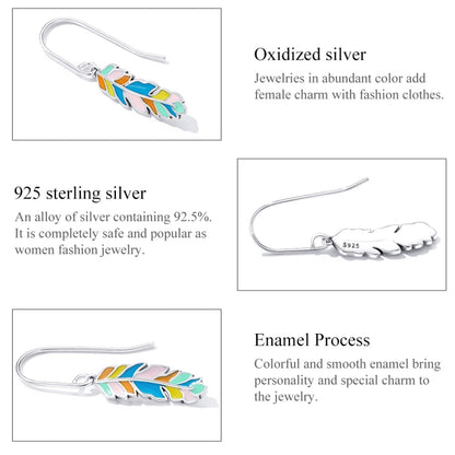 S925 Sterling Silver Colorful Feather Ear Hook Women Earrings, Colorful Feather