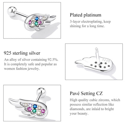 S925 Sterling Silver Colorful Zircon Wing Ear Stud Women Earrings, Zircon Wing