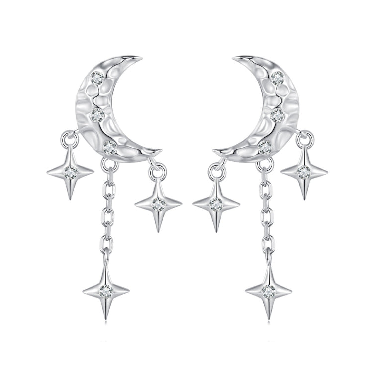 BSE858 Sterling Silver S925 White Gold Plated Zircon Moon Tassel Stud Earrings, BSE858