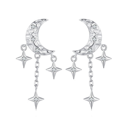 BSE858 Sterling Silver S925 White Gold Plated Zircon Moon Tassel Stud Earrings, BSE858