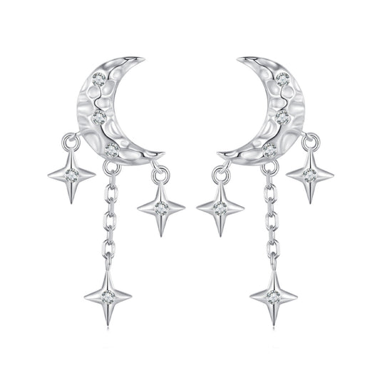 BSE858 Sterling Silver S925 White Gold Plated Zircon Moon Tassel Stud Earrings, BSE858