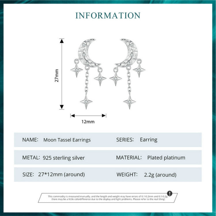 BSE858 Sterling Silver S925 White Gold Plated Zircon Moon Tassel Stud Earrings, BSE858